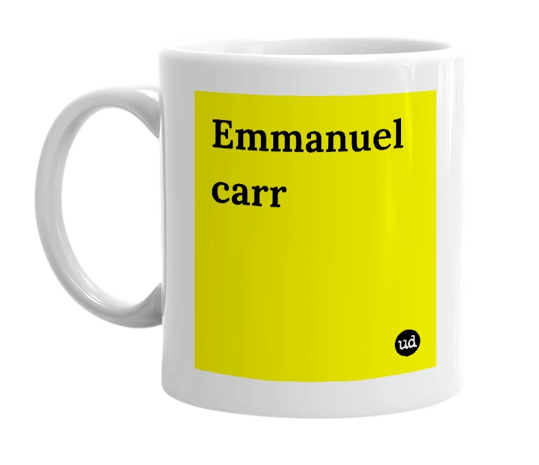 White mug with 'Emmanuel carr' in bold black letters