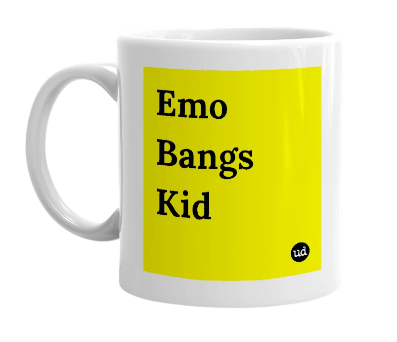 White mug with 'Emo Bangs Kid' in bold black letters