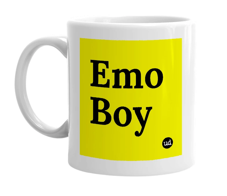 White mug with 'Emo Boy' in bold black letters