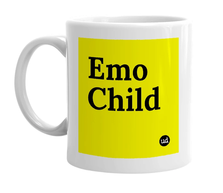 White mug with 'Emo Child' in bold black letters