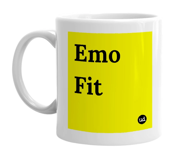 White mug with 'Emo Fit' in bold black letters