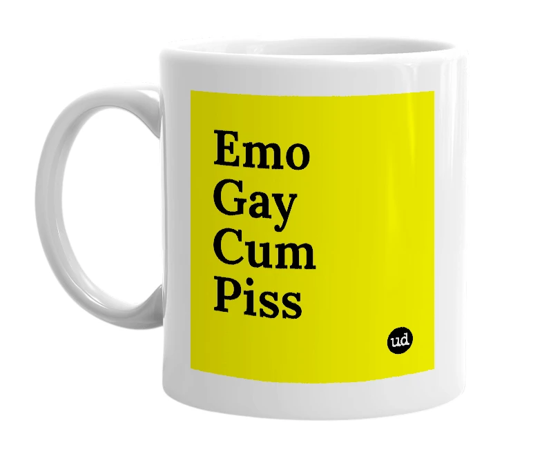 White mug with 'Emo Gay Cum Piss' in bold black letters