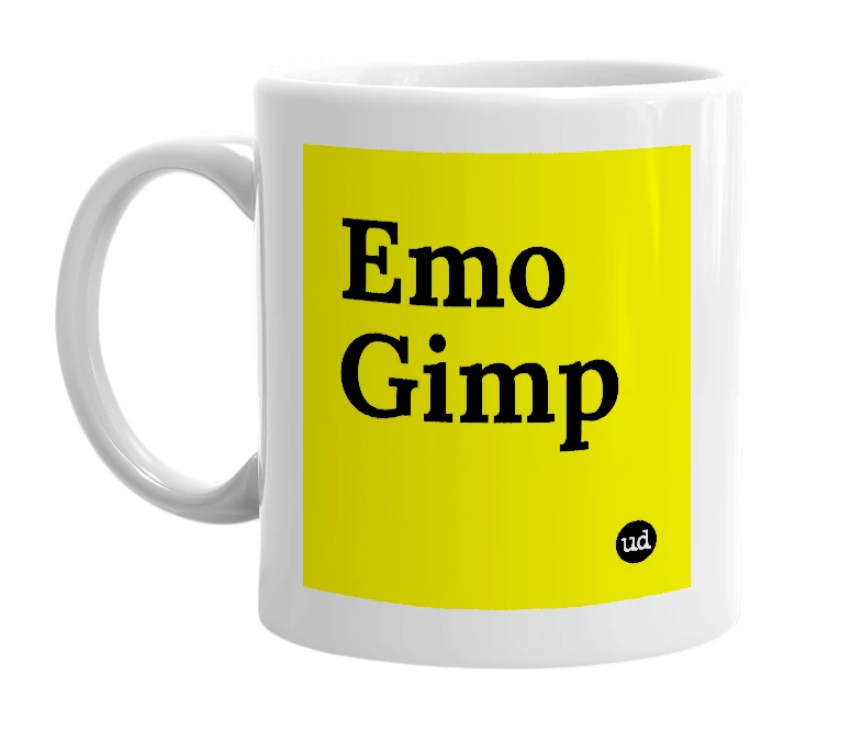 White mug with 'Emo Gimp' in bold black letters