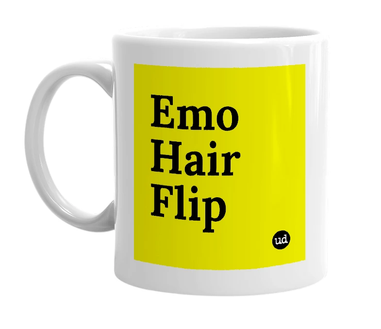 White mug with 'Emo Hair Flip' in bold black letters