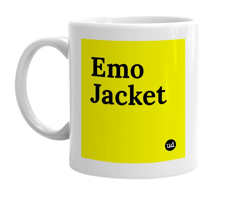 White mug with 'Emo Jacket' in bold black letters