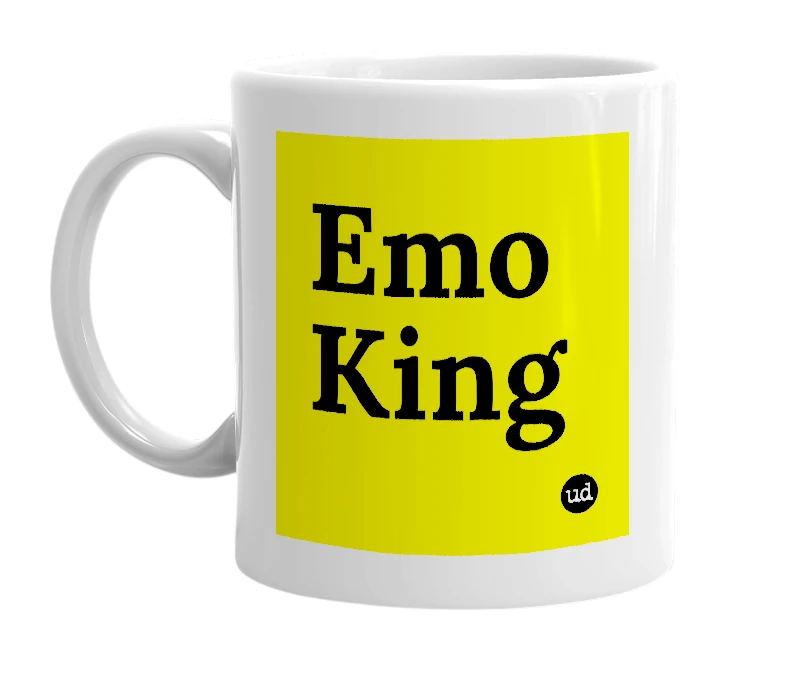 White mug with 'Emo King' in bold black letters