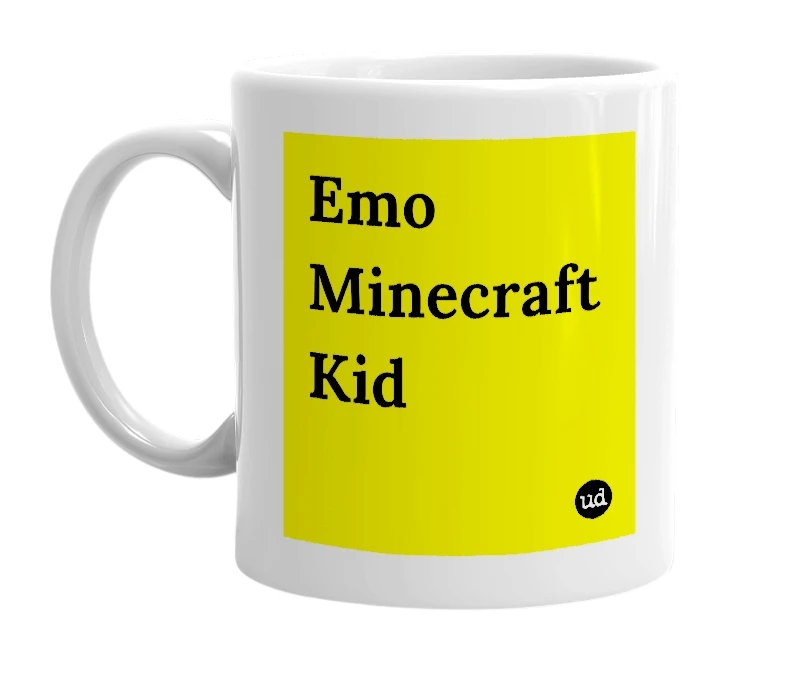 White mug with 'Emo Minecraft Kid' in bold black letters