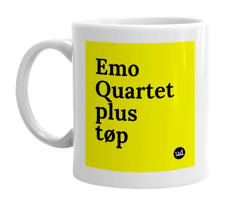 White mug with 'Emo Quartet plus tøp' in bold black letters