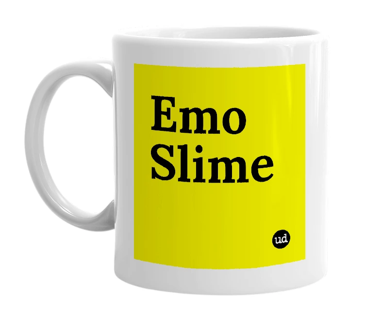 White mug with 'Emo Slime' in bold black letters