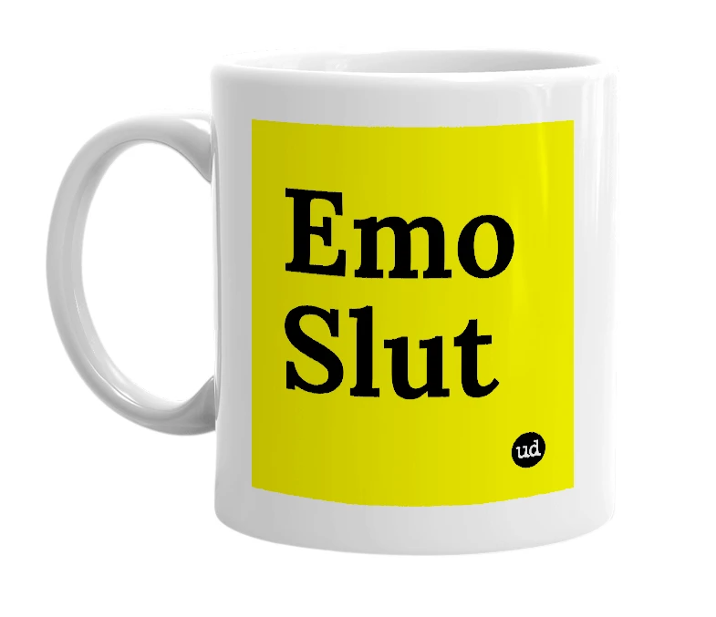 White mug with 'Emo Slut' in bold black letters