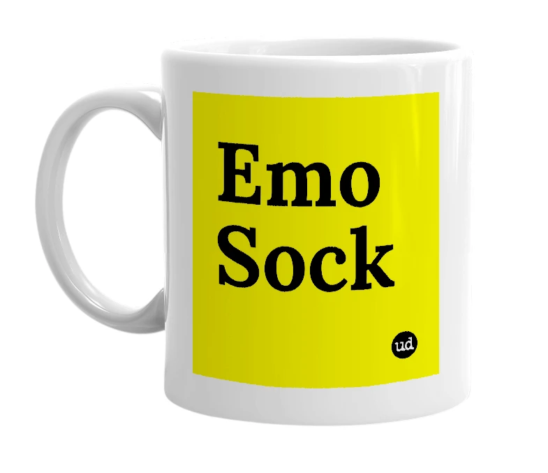 White mug with 'Emo Sock' in bold black letters