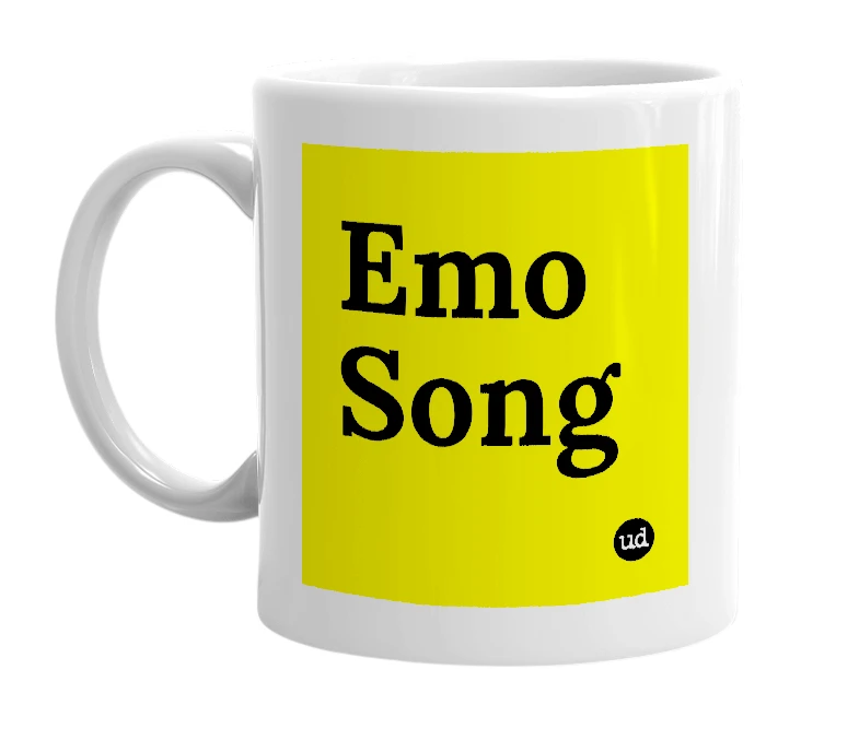 White mug with 'Emo Song' in bold black letters