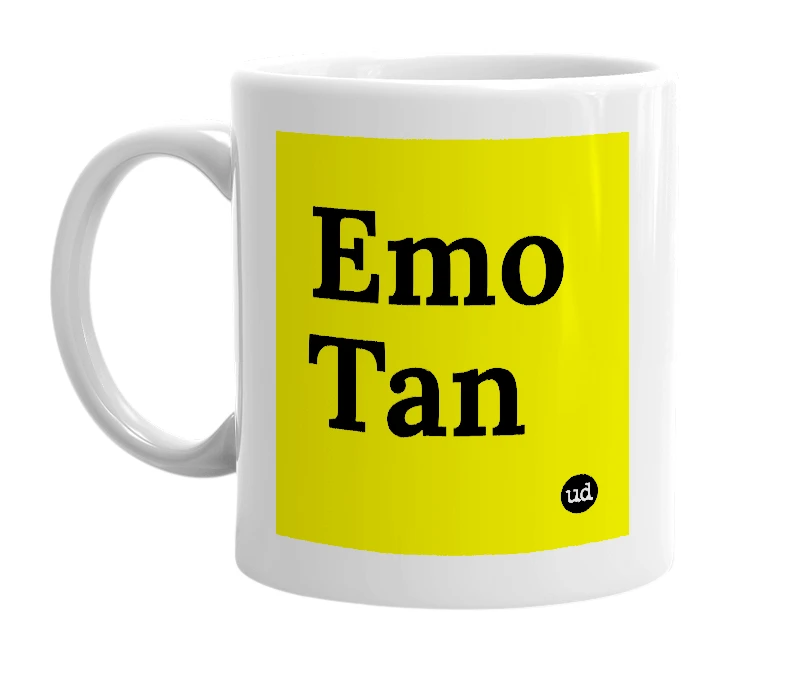 White mug with 'Emo Tan' in bold black letters
