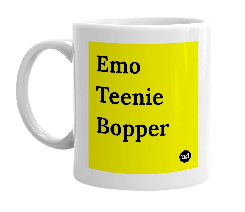 White mug with 'Emo Teenie Bopper' in bold black letters