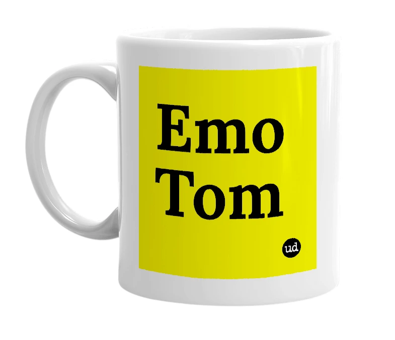 White mug with 'Emo Tom' in bold black letters
