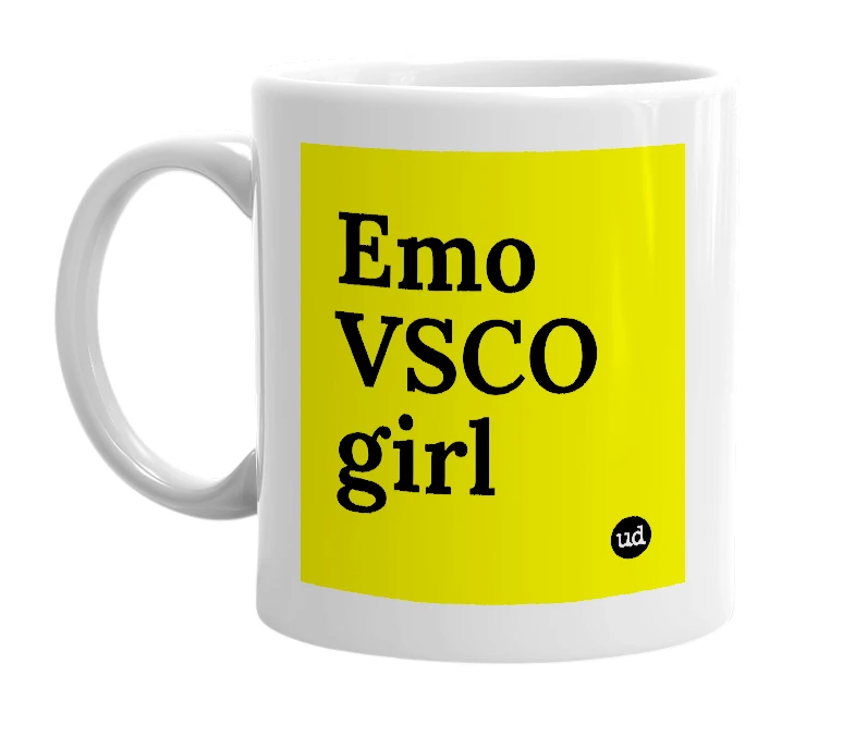 White mug with 'Emo VSCO girl' in bold black letters