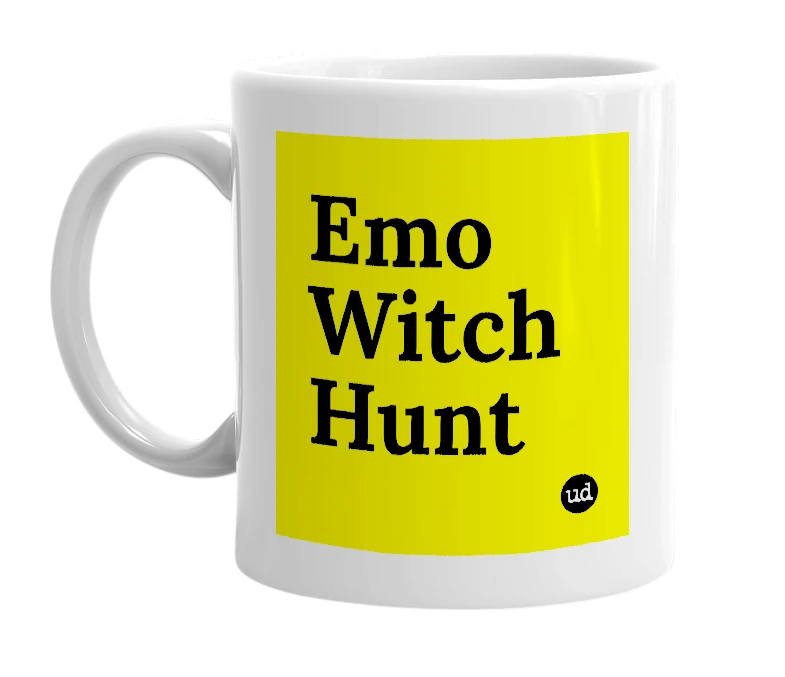 White mug with 'Emo Witch Hunt' in bold black letters