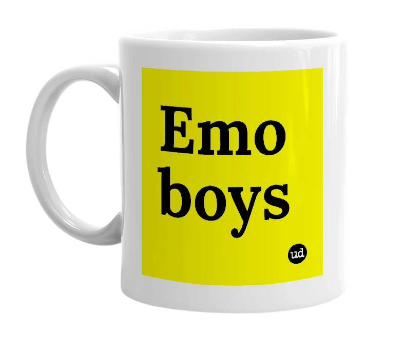 White mug with 'Emo boys' in bold black letters