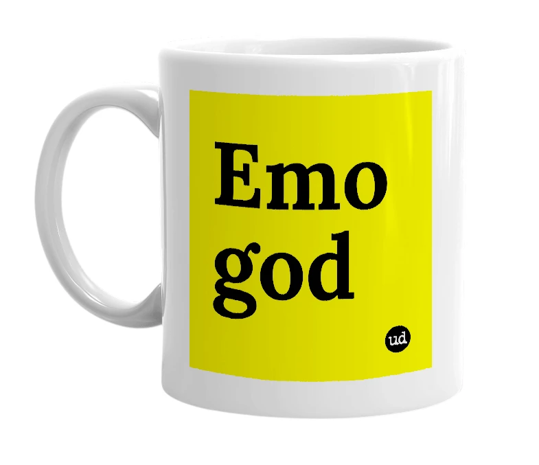 White mug with 'Emo god' in bold black letters