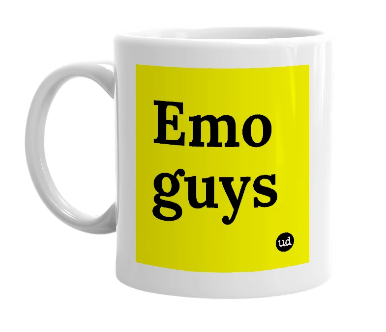 White mug with 'Emo guys' in bold black letters