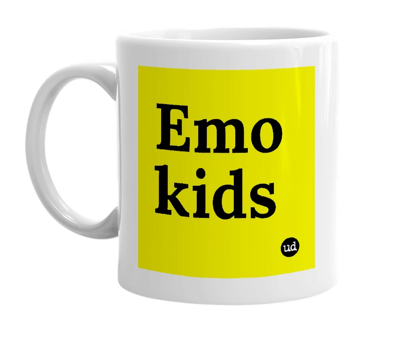 White mug with 'Emo kids' in bold black letters