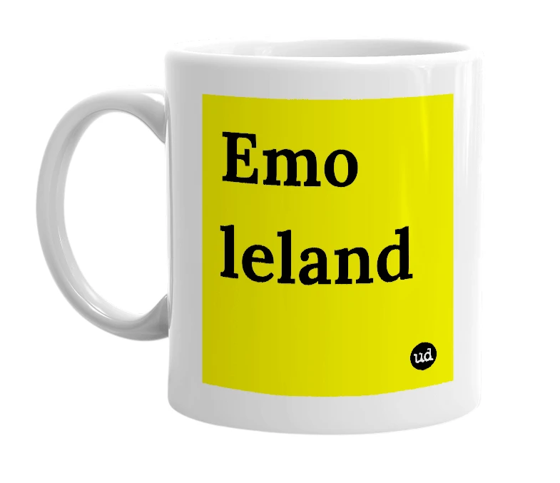 White mug with 'Emo leland' in bold black letters