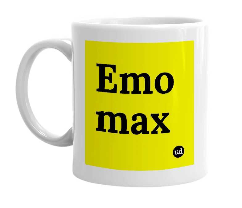 White mug with 'Emo max' in bold black letters