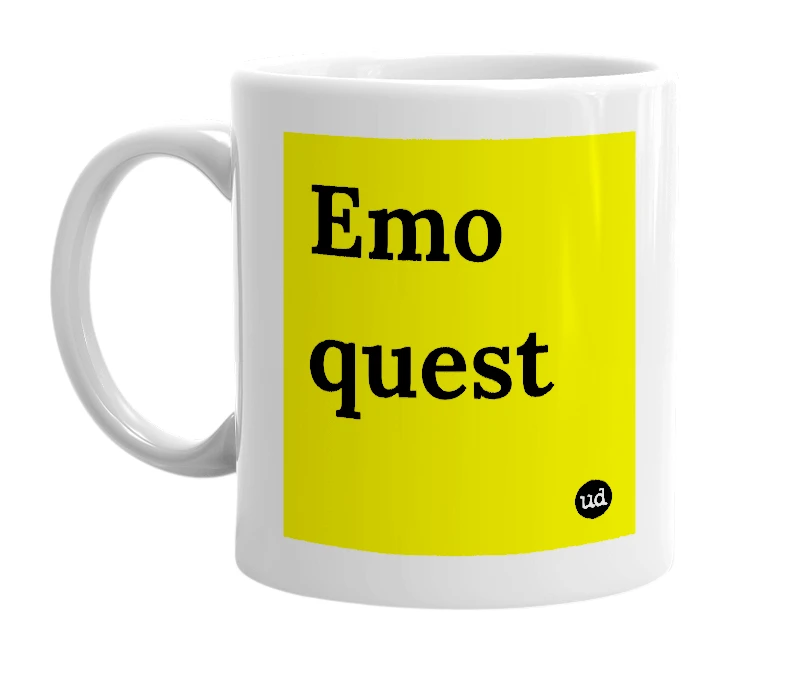 White mug with 'Emo quest' in bold black letters
