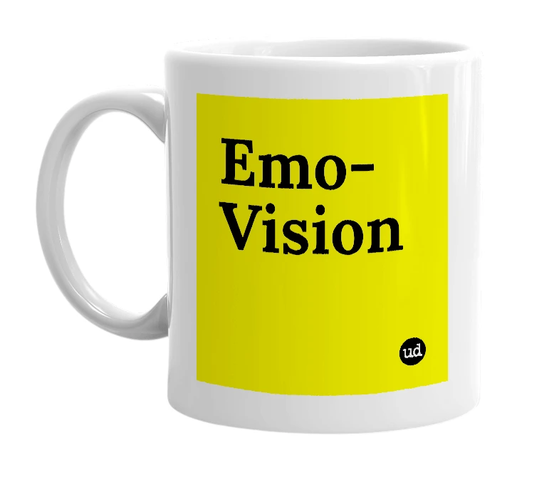 White mug with 'Emo-Vision' in bold black letters