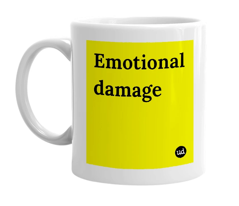 White mug with 'Emotional damage' in bold black letters