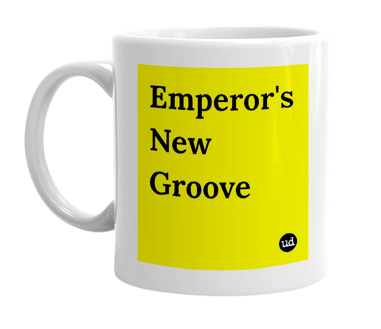 White mug with 'Emperor's New Groove' in bold black letters