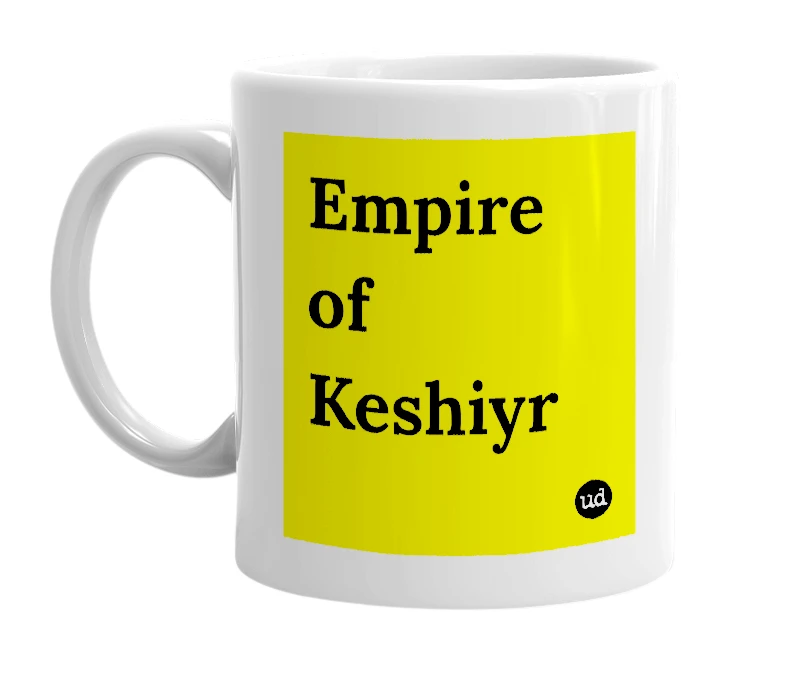 White mug with 'Empire of Keshiyr' in bold black letters