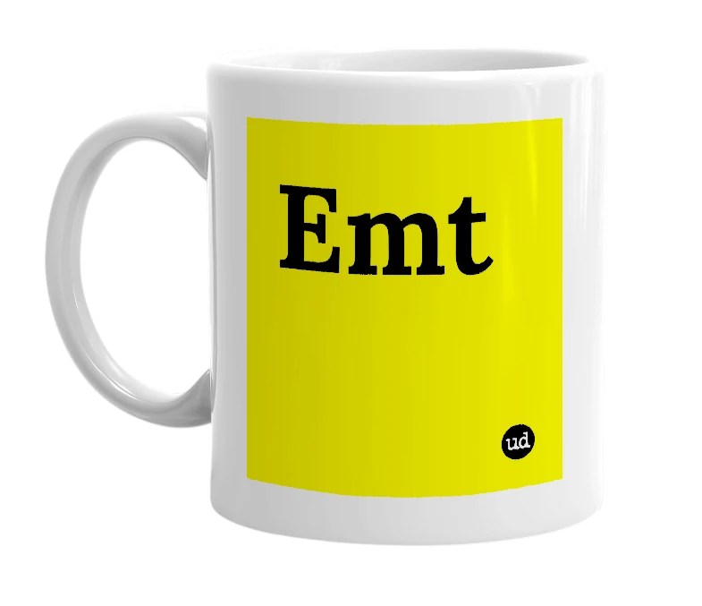 White mug with 'Emt' in bold black letters