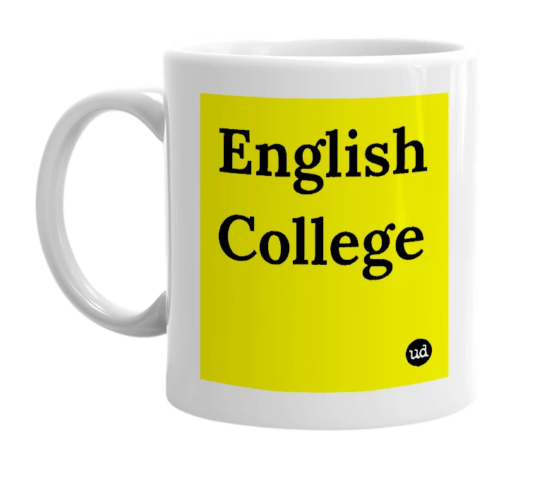 White mug with 'English College' in bold black letters