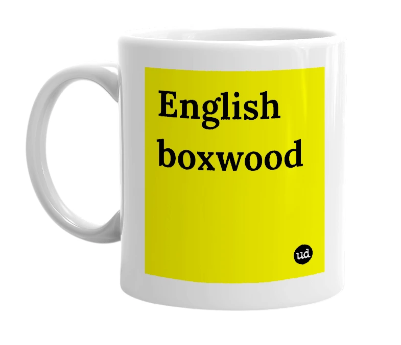 White mug with 'English boxwood' in bold black letters