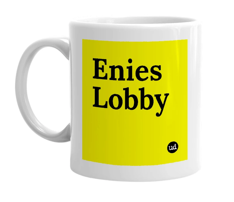 White mug with 'Enies Lobby' in bold black letters