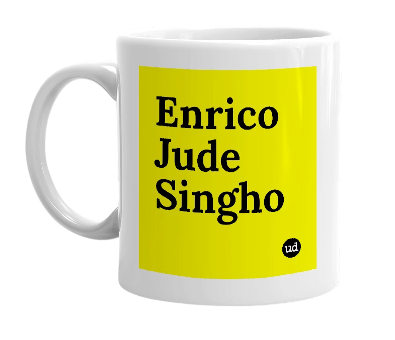 White mug with 'Enrico Jude Singho' in bold black letters