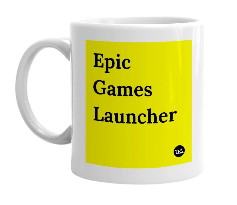 White mug with 'Epic Games Launcher' in bold black letters