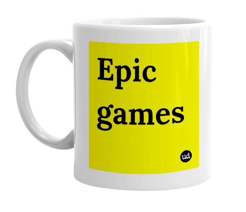 White mug with 'Epic games' in bold black letters