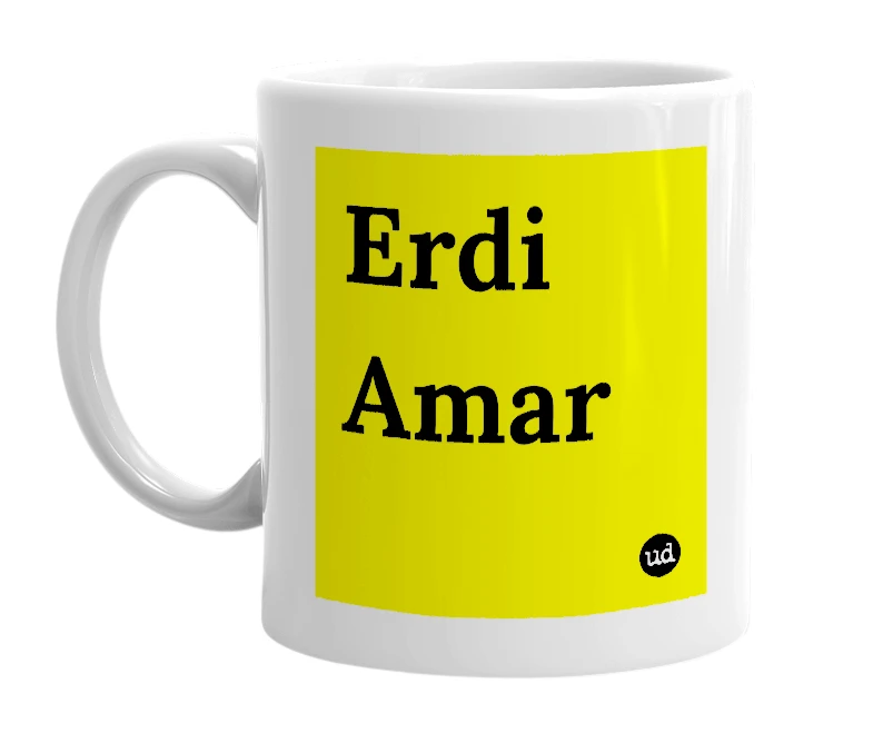 White mug with 'Erdi Amar' in bold black letters