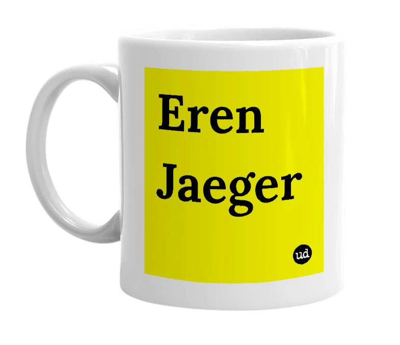 White mug with 'Eren Jaeger' in bold black letters