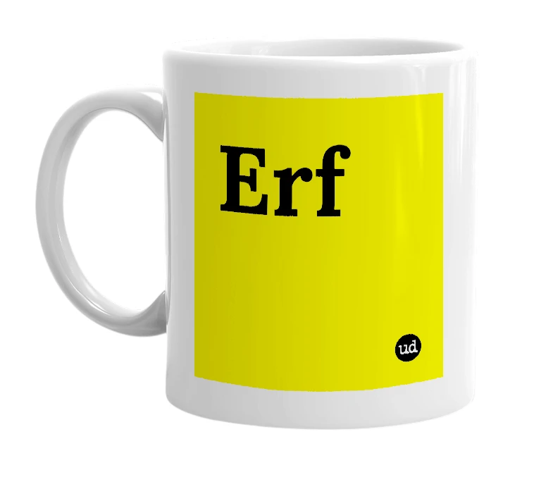 White mug with 'Erf' in bold black letters