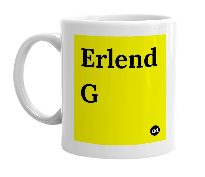 White mug with 'Erlend G' in bold black letters