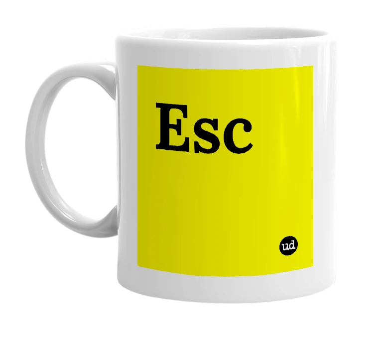 White mug with 'Esc' in bold black letters