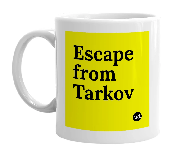 White mug with 'Escape from Tarkov' in bold black letters