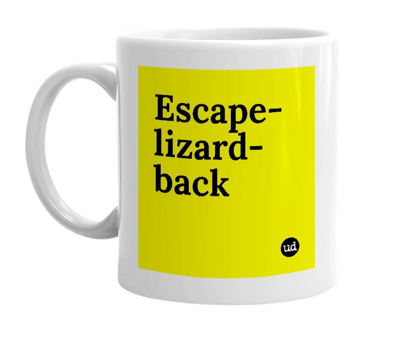 White mug with 'Escape-lizard-back' in bold black letters