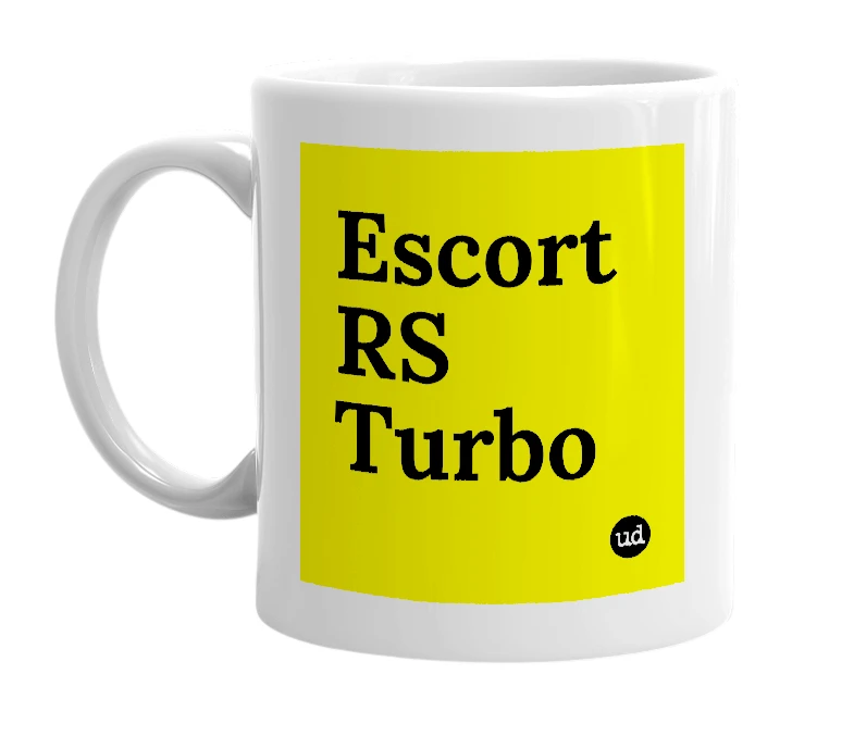 White mug with 'Escort RS Turbo' in bold black letters