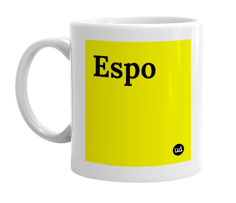 White mug with 'Espo' in bold black letters