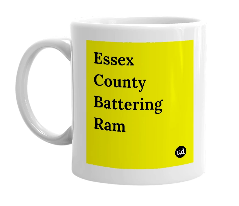White mug with 'Essex County Battering Ram' in bold black letters