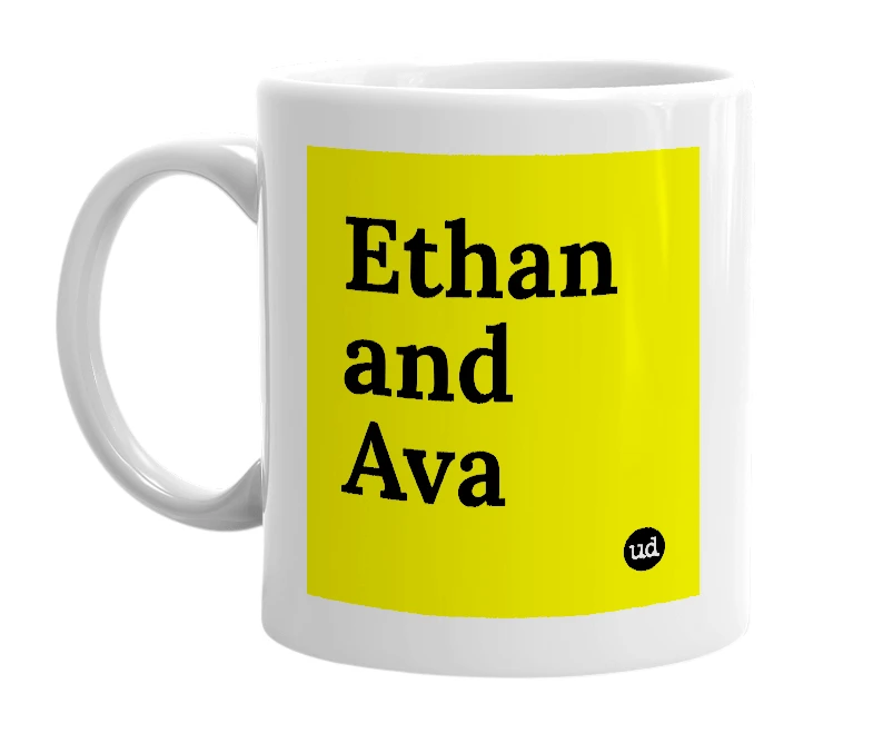White mug with 'Ethan and Ava' in bold black letters